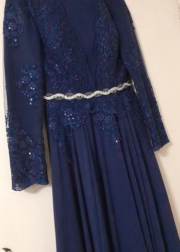 Lacivert Uzun Kollu Abiye Elbise - Görsel 11