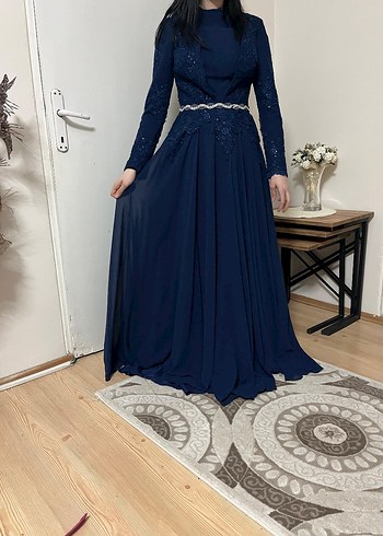 Lacivert Uzun Kollu Abiye Elbise - Görsel 4