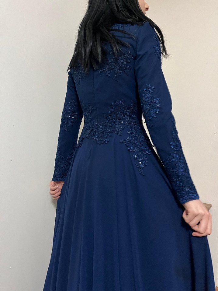 Lacivert Uzun Kollu Abiye Elbise - Görsel 5