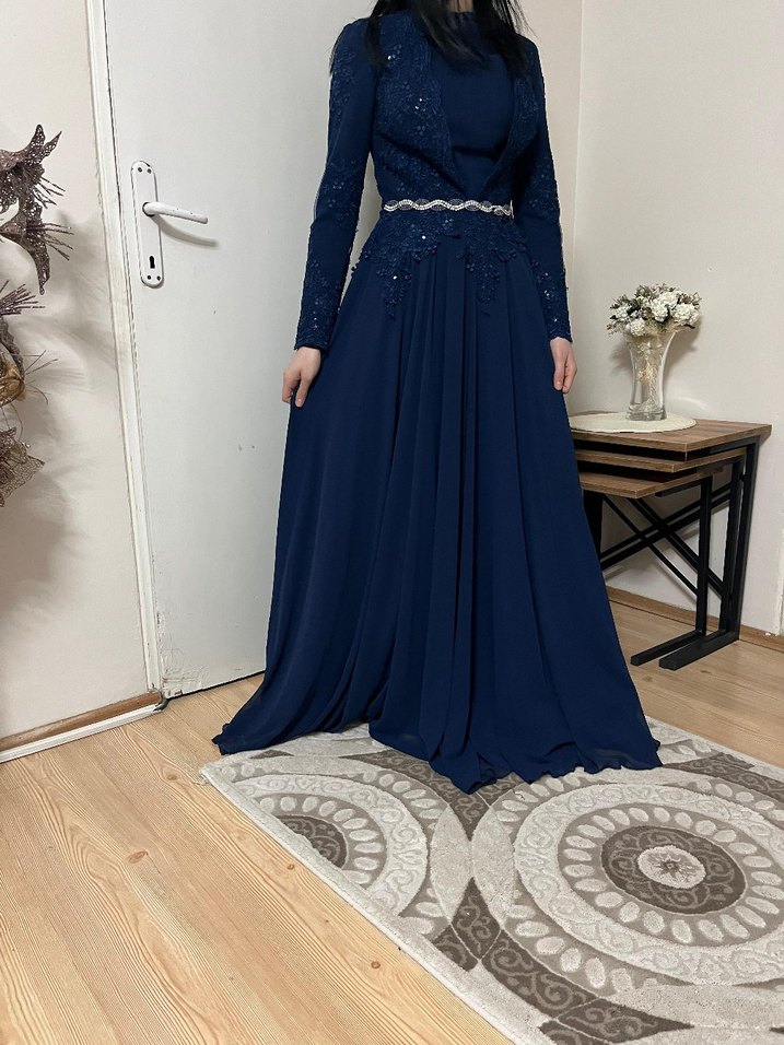 Lacivert Uzun Kollu Abiye Elbise - Görsel 2