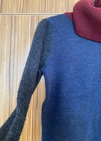 Polo Bordo Boğazlı Mavi Gri Örgü Kadın Kazak - Görsel 4