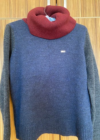 Polo Bordo Boğazlı Mavi Gri Örgü Kadın Kazak - Görsel 3