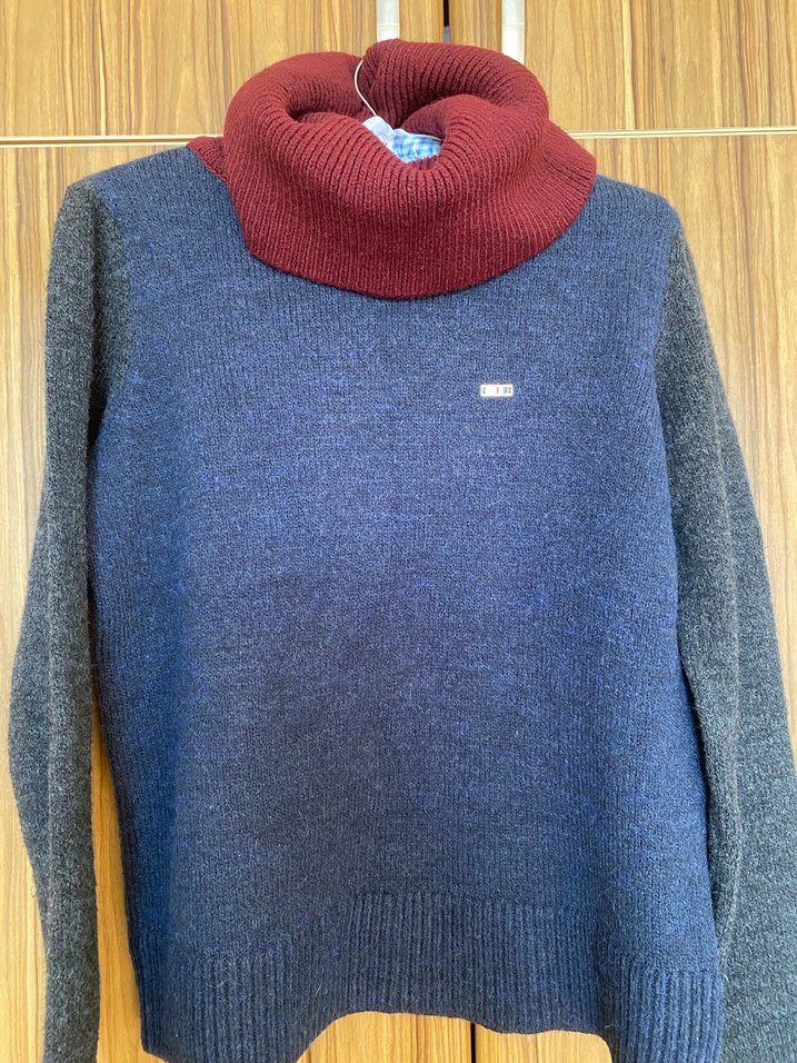 Polo Bordo Boğazlı Mavi Gri Örgü Kadın Kazak - Görsel 3