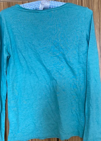 Turkuaz Uzun Kollu Keten Kadın Tişört - Görsel 3