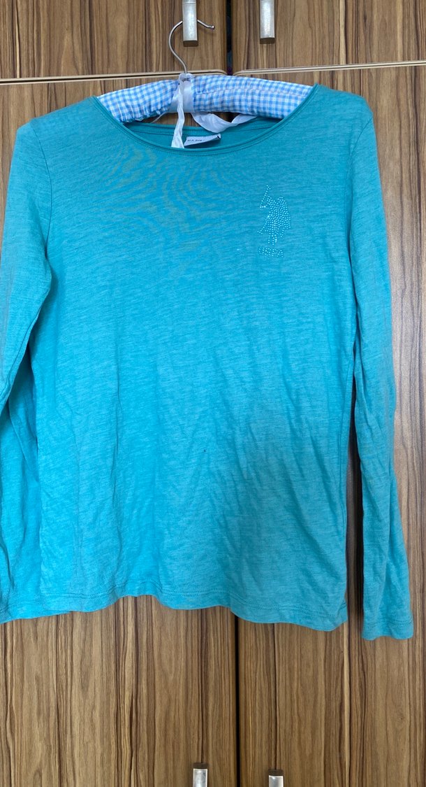 Turkuaz Uzun Kollu Keten Kadın Tişört - Görsel 2