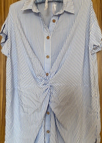 Mavi Çizgili Kısa Kollu Keten Gömlek - Görsel 2