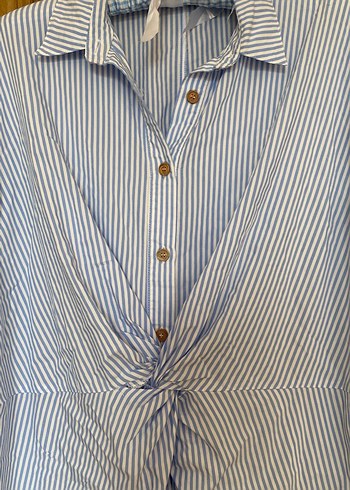 Mavi Çizgili Kısa Kollu Keten Gömlek - Görsel 4