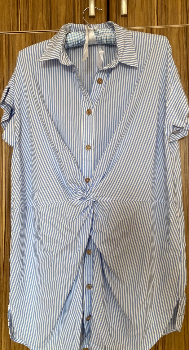 Mavi Çizgili Kısa Kollu Keten Gömlek - Görsel 2