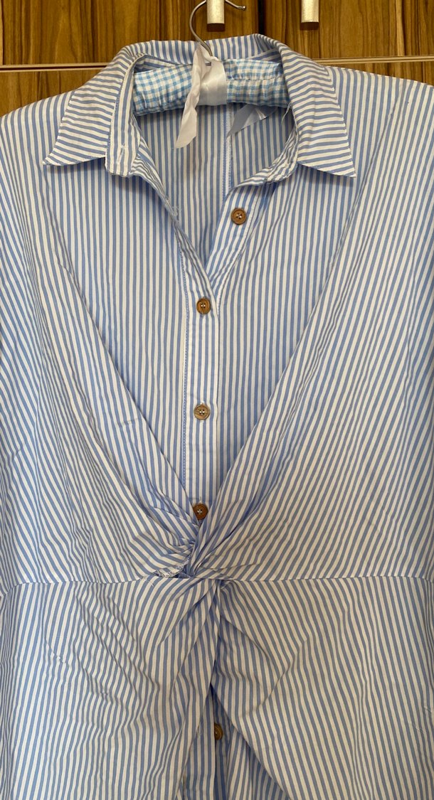 Mavi Çizgili Kısa Kollu Keten Gömlek - Görsel 4