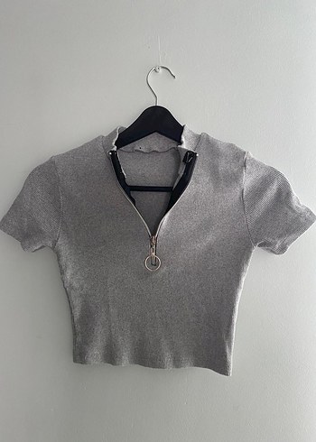 Gri Fermuarlı Kadın Crop Top