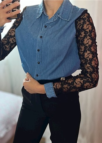 Dantel Kollu Lacivert Denim Gömlek