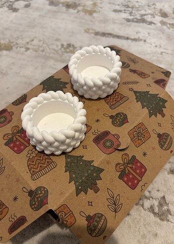 Beyaz Örgü Desenli Mumluk Seti - Görsel 2