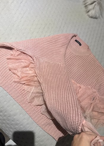Pembe Ruffles Detaylı Triko Kadın Kazak - Görsel 4