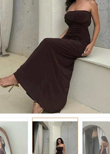 Kahverengi Straplez Uzun Elbise - Görsel 6