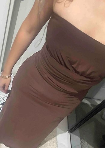 Kahverengi Straplez Uzun Elbise - Görsel 4