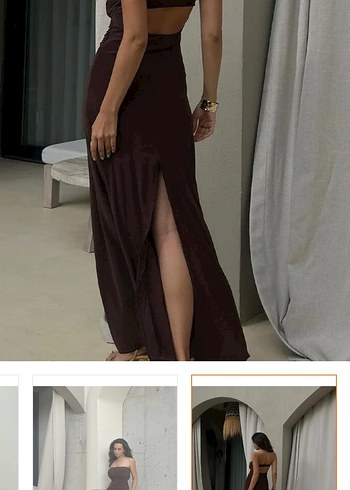 Kahverengi Straplez Uzun Elbise - Görsel 5