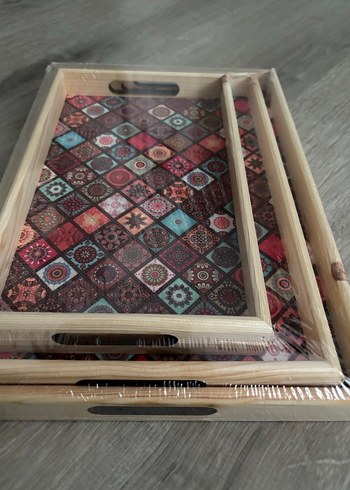 Renkli Desenli Ahşap Tepsi Seti - Görsel 2