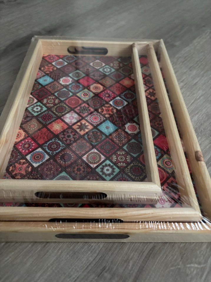 Renkli Desenli Ahşap Tepsi Seti - Görsel 2