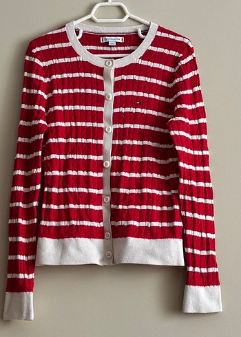 Tommy Hilfiger Kirmizi Beyaz Cizgili İnce Triko Hirka