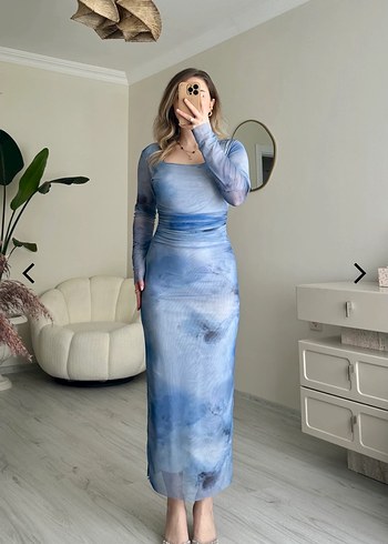 Diğer Tüllü Likralı Kare Yaka Midi Boy Mavi Elbise