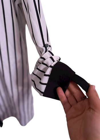 Siyah beyaz Çizgili Uzun Kollu Kadın Gömlek - Görsel 3