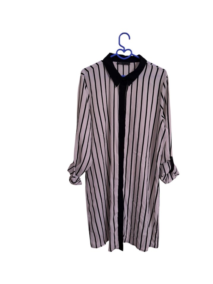 Siyah beyaz Çizgili Uzun Kollu Kadın Gömlek - Görsel 2