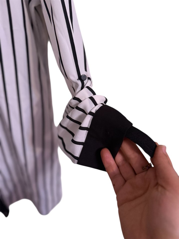 Siyah beyaz Çizgili Uzun Kollu Kadın Gömlek - Görsel 3