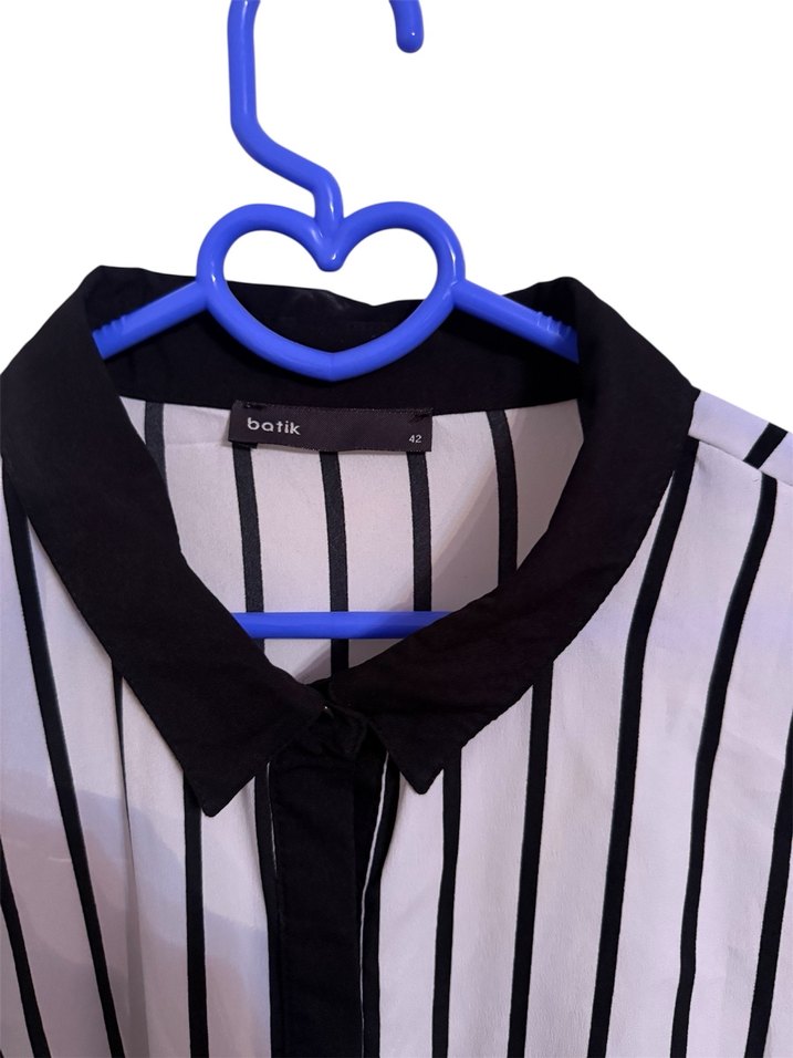 Siyah beyaz Çizgili Uzun Kollu Kadın Gömlek - Görsel 4