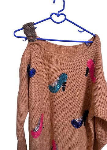 Nakışlı Kahverengi Uzun Triko Kadın Kazak - Görsel 2