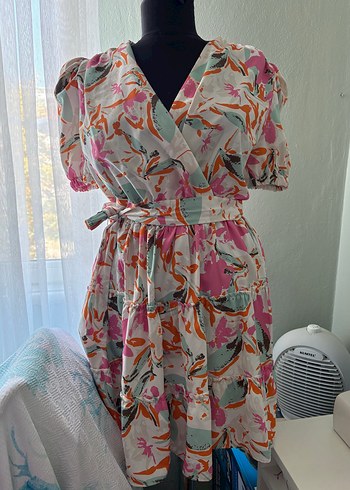 Trendyol & Milla Renkli Cicekli Kruvaze Elbise Karpuz Kol Polyester