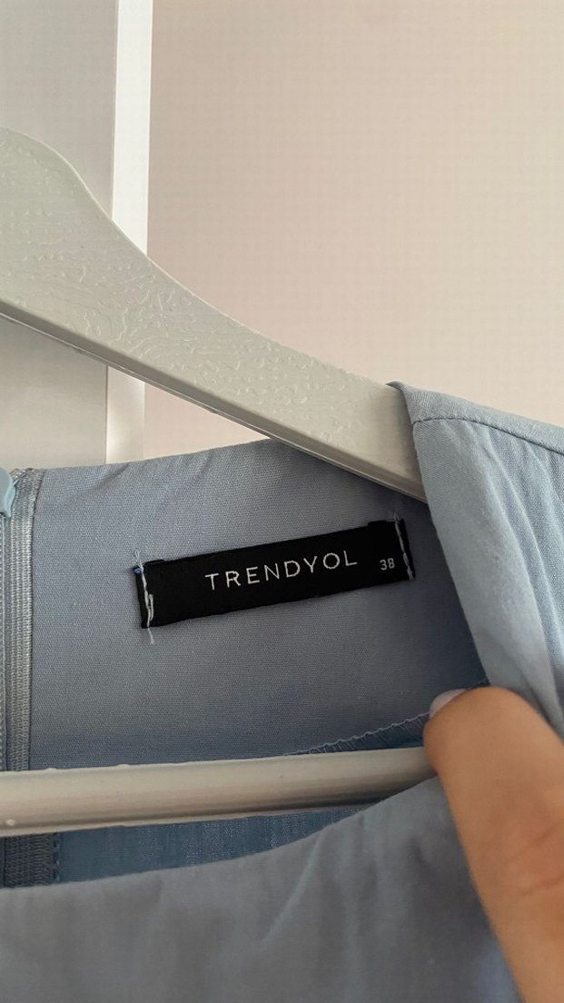 Mavi Keten Midi Elbise, Kısa Kollu, Fırfırlı - Görsel 2