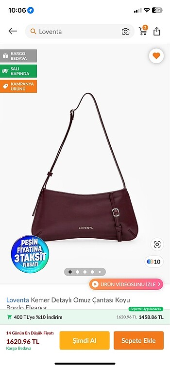  Beden Loventa koyu bordo Eleanor kol çantası