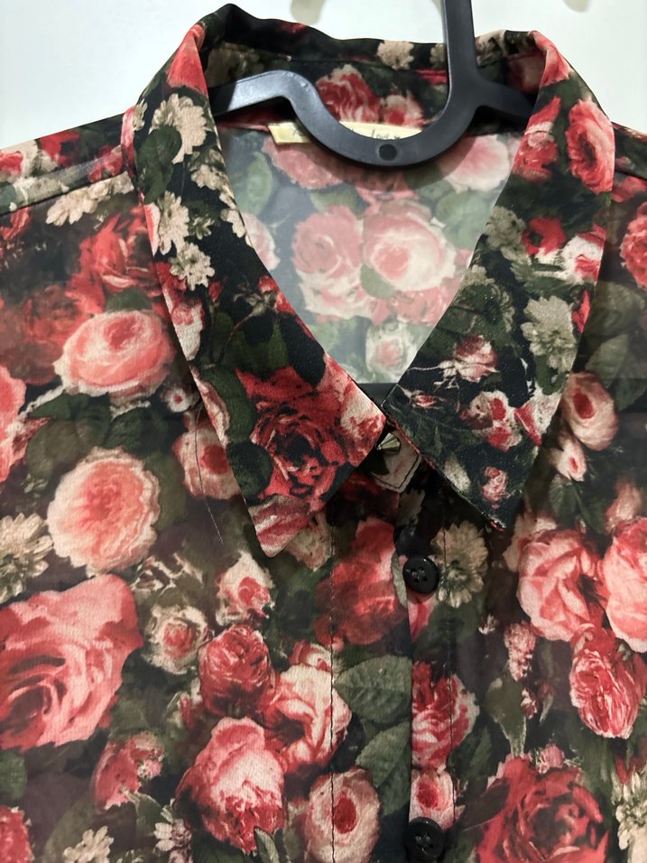 Bordo Çiçek Desenli Uzun Kollu Kadın Gömlek - Görsel 3