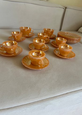 American Vintage Turuncu Altin Detayli Vintage Porselen Kahve Takimi