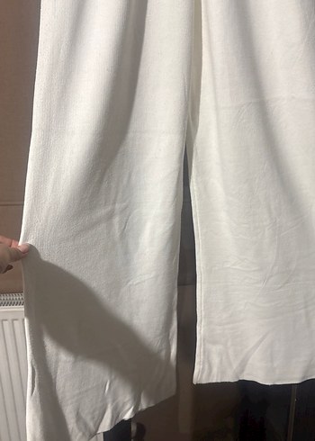 Beyaz Keten Geniş Paça Kadın Pantolon - Görsel 3