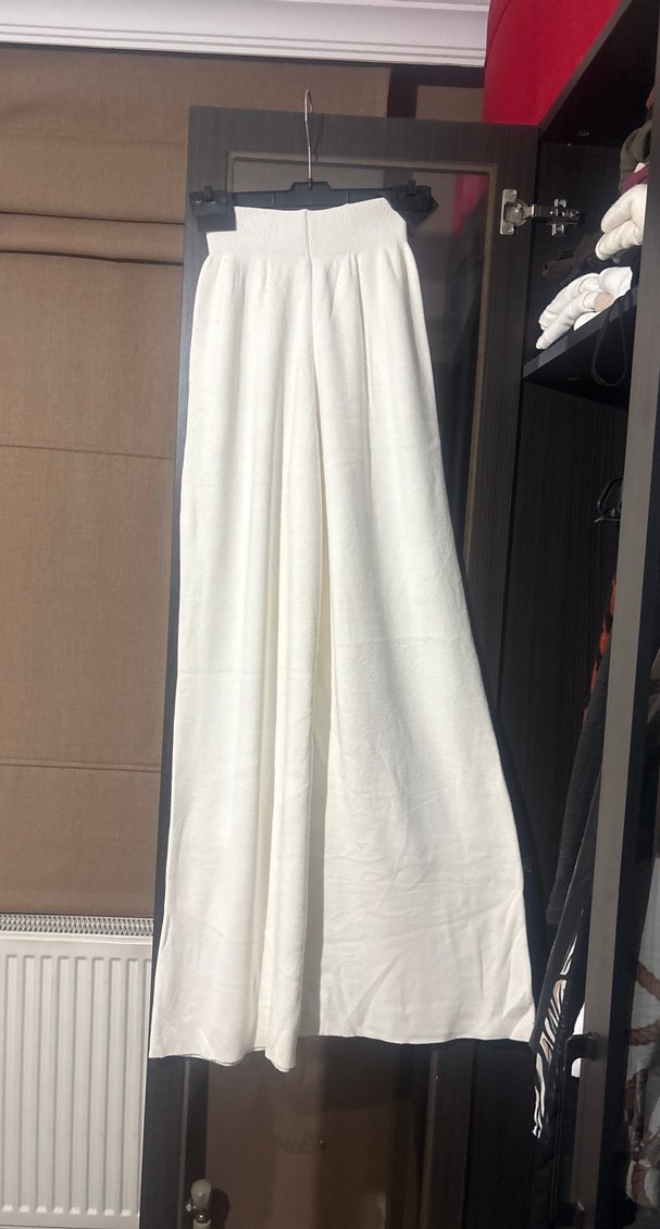 Beyaz Keten Geniş Paça Kadın Pantolon - Görsel 2