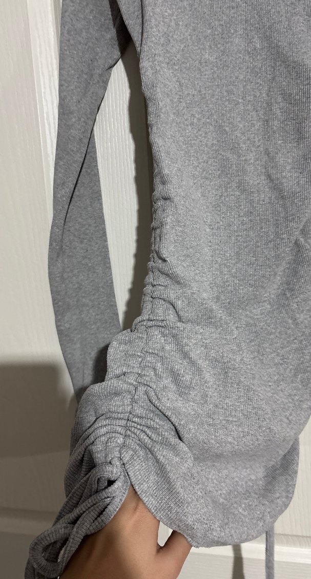 Gri Uzun Kollu Fitilli Midi Elbise - Görsel 2