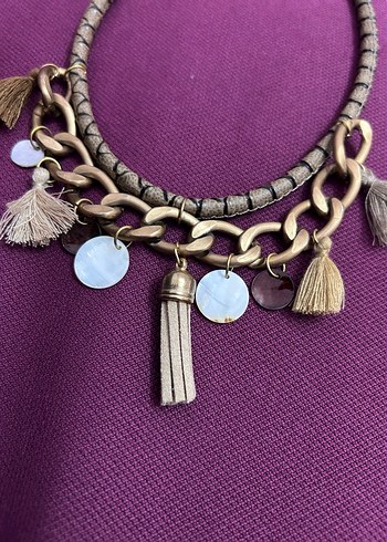 İkili Bohem Tarz Altın Renkli Püsküllü Mini Kolye - Görsel 3