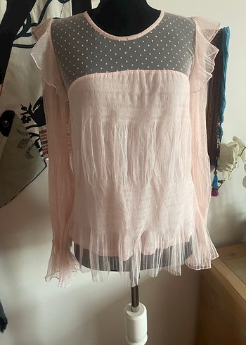 Pembe Uzun Kollu Volanlı Bohem Bluz
