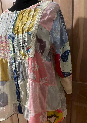 Uzun Kollu Düğmeli Bohem Kadın Bluz - Görsel 3