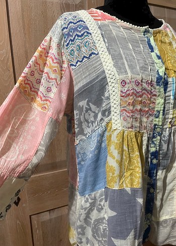 Uzun Kollu Düğmeli Bohem Kadın Bluz - Görsel 2