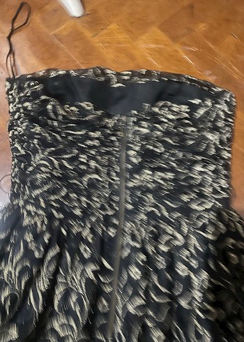 Siyah Nakışlı Dantelli Midi Straplez Elbise - Görsel 6