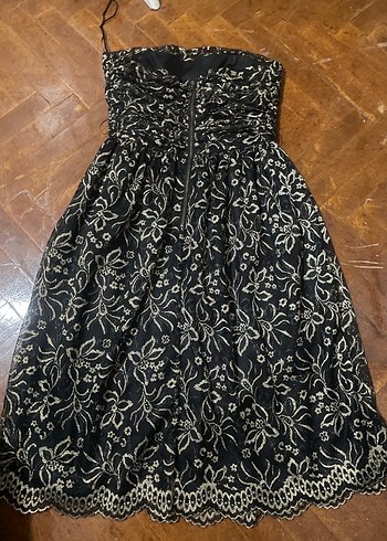 Siyah Nakışlı Dantelli Midi Straplez Elbise - Görsel 5