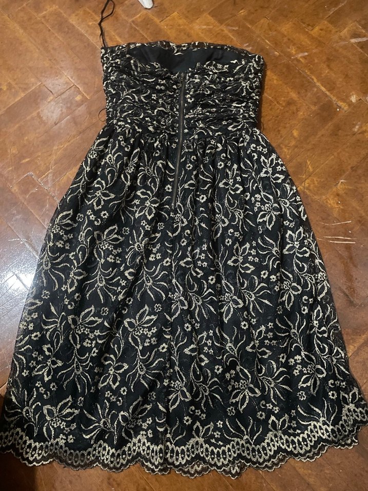Siyah Nakışlı Dantelli Midi Straplez Elbise - Görsel 5