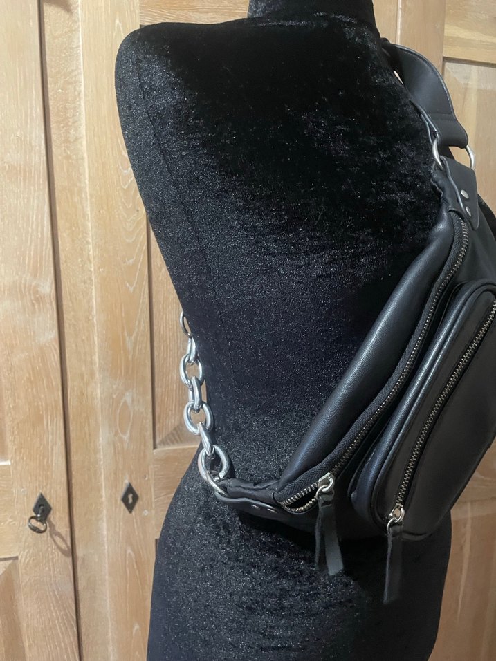 Siyah Deri Biker Bel Çantası - Görsel 5