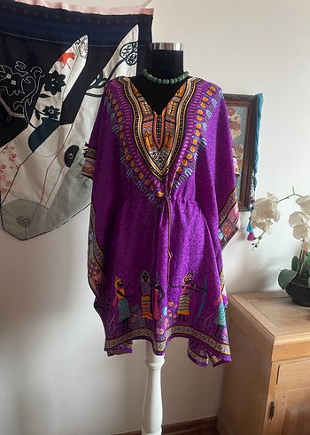 Etnik Desenli Mor Uzun Bohem Tunik