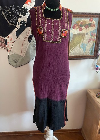 Bordo Nakışlı Uzun Bohem Elbise