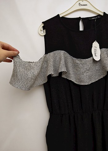 Gri Fırfırlı Siyah Kadın Uzun Tulum - Görsel 3