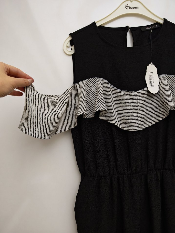 Gri Fırfırlı Siyah Kadın Uzun Tulum - Görsel 3