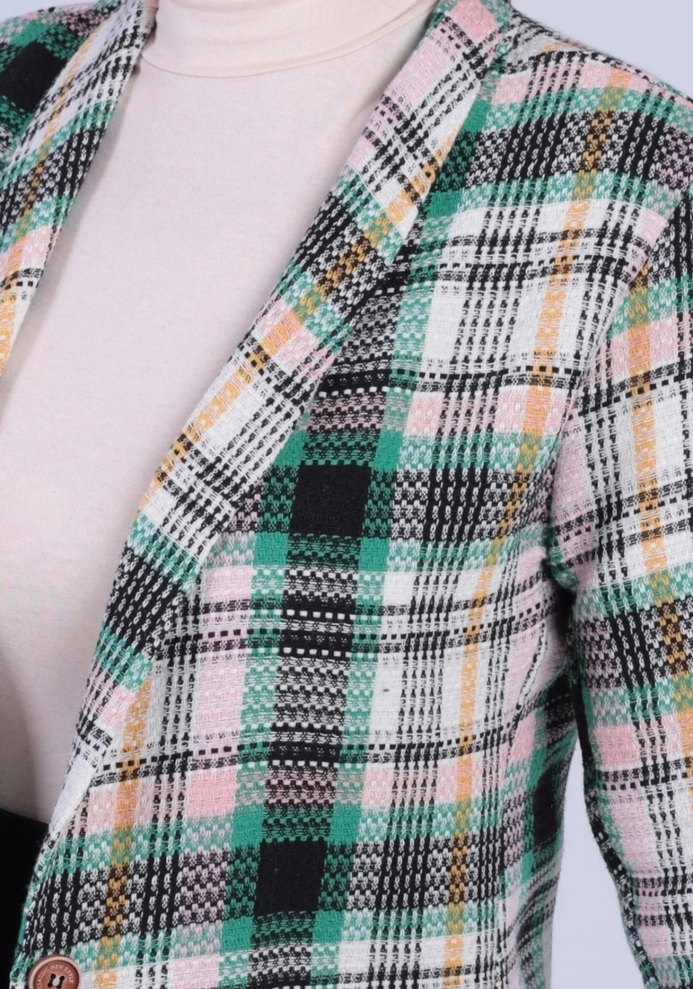 Kadın Çok Renkli Ekose Midi Blazer - Görsel 3